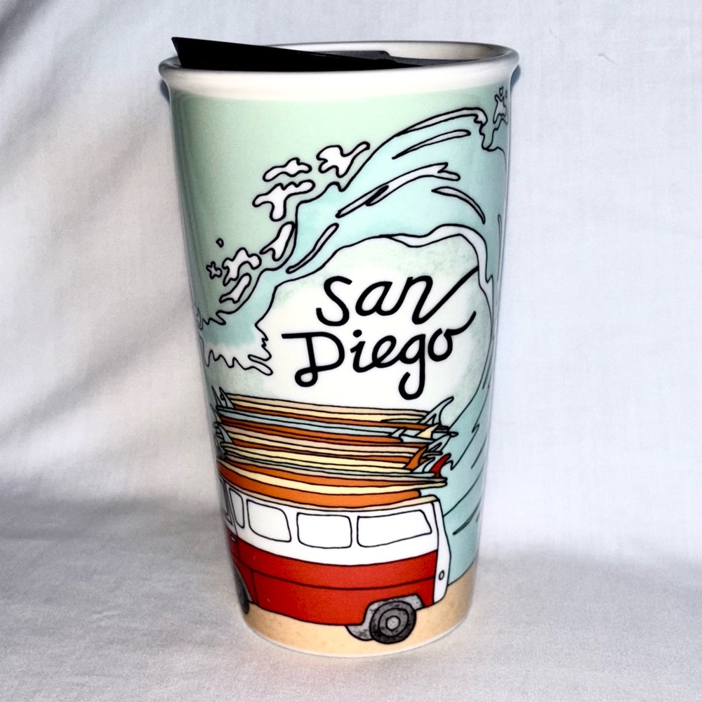 Starbucks San Diego Travel Tumbler Ceramic Cup VW Van Surfboards 2016 Surfing